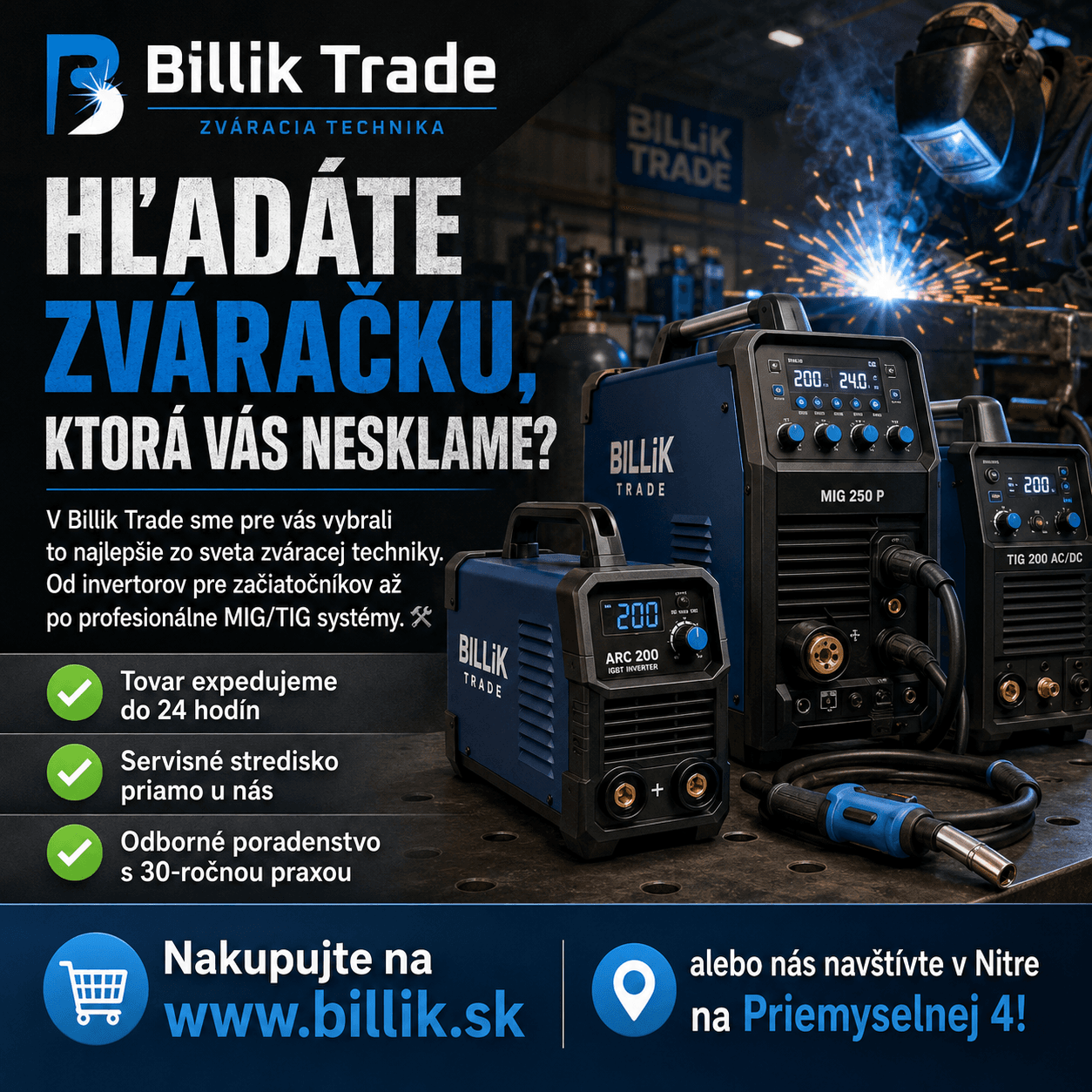 Svářecí invertory a technika Billik Trade — MIG, TIG, MMA